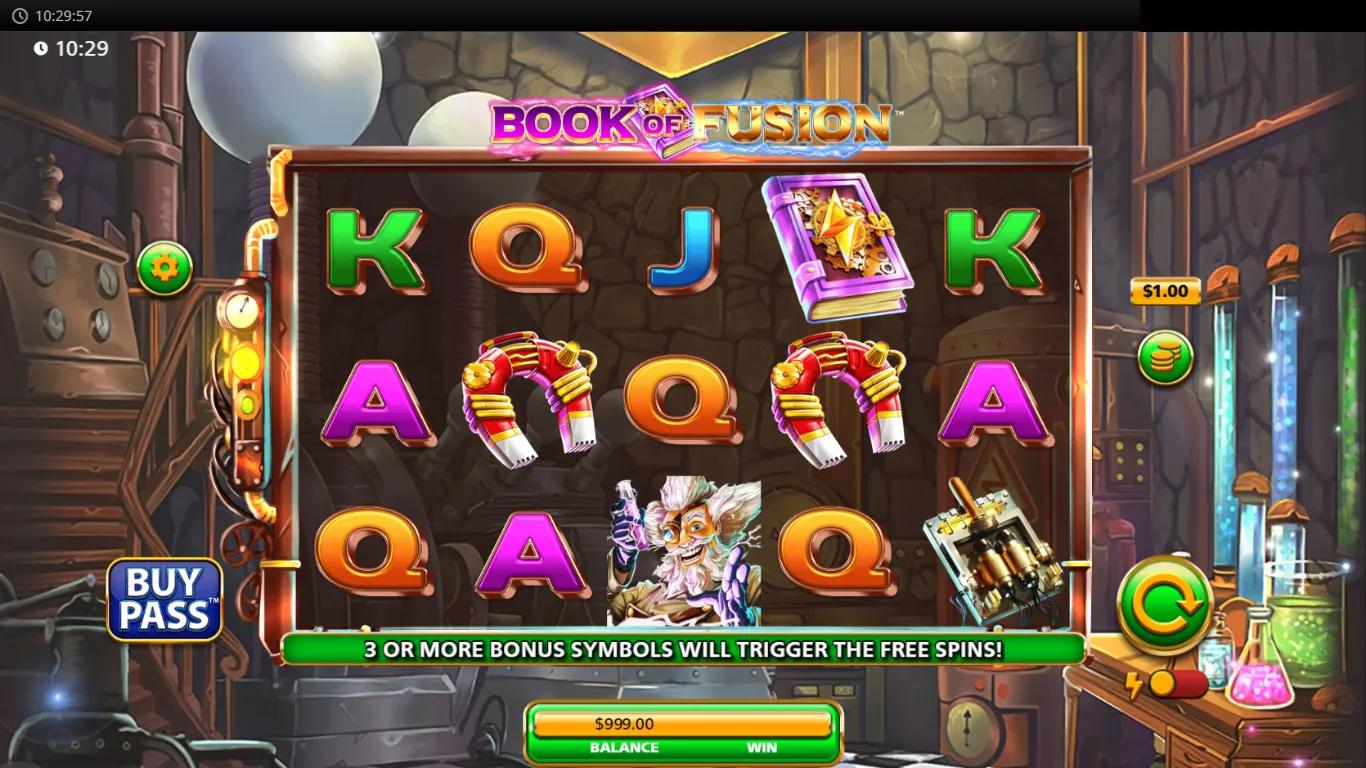 Book of Fusion slot by Light & Wonder gameplay screenshot showing 5x3 steampunk laboratory reels