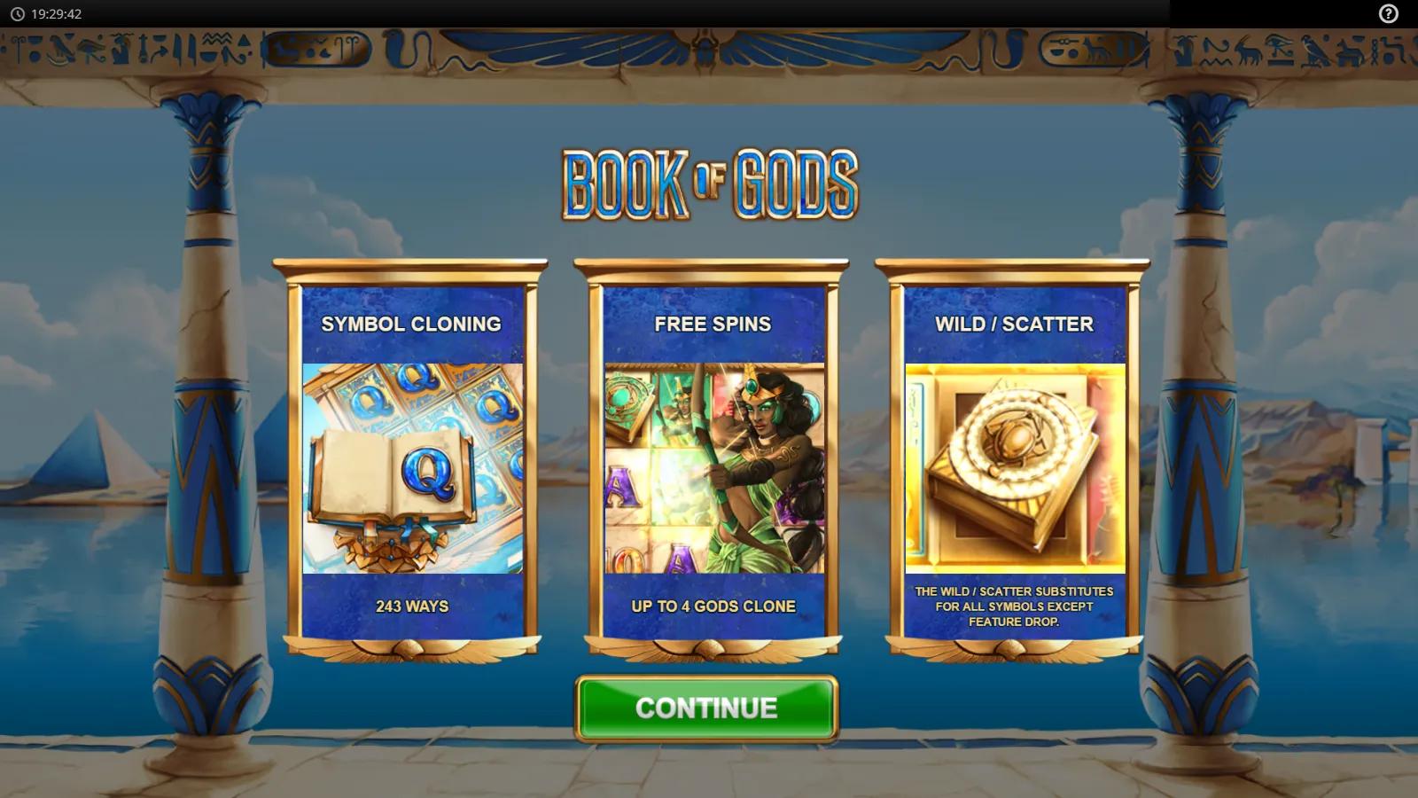 Book of Gods slot intro screen showing the Symbol Cloning, Free Spins and Wild/Scatter features in an Egyptian temple