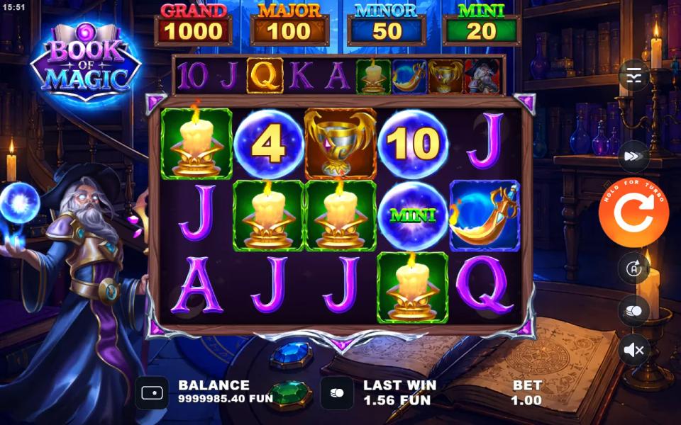 Book of Magic base game: a line of candles across reels 1 to 4, three blue BONUS balls including a MINI, and Q lit gold in the collection bar above the reels
