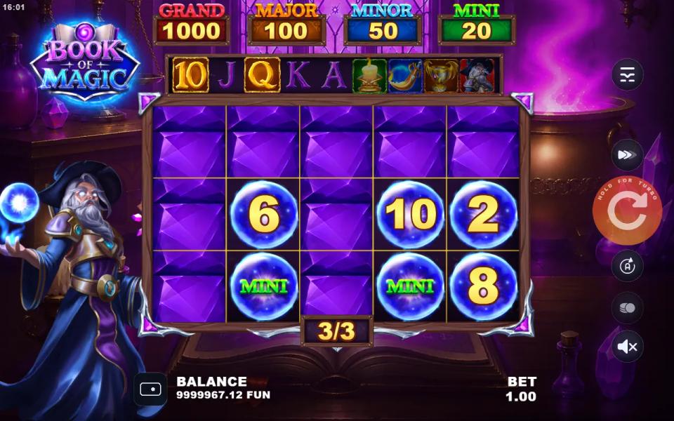 The Hold and Ring board in Book of Magic: six BONUS balls held among fifteen purple crystal cells, with the respin counter at three
