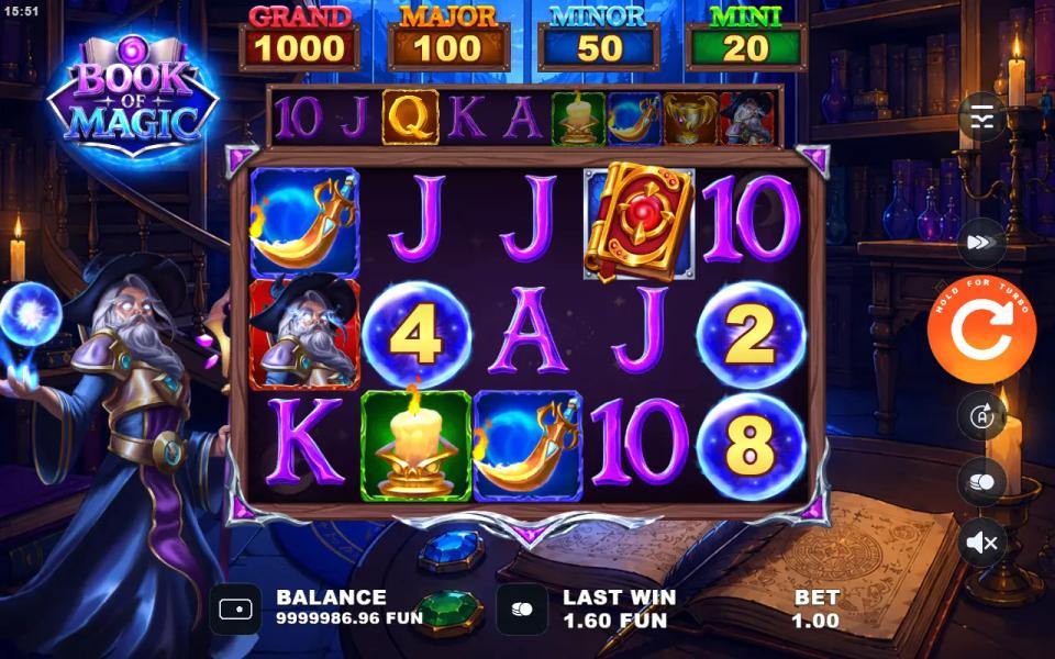 Book of Magic base game with a golden book on reel 4, three BONUS balls, and Q lit in the collection bar over the reels