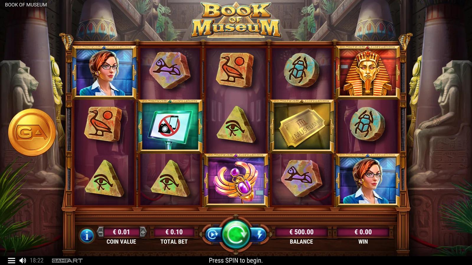 Book of Museum slot gameplay showing the 5x3 Egyptian-museum grid with a curator, pharaoh mask and golden Book symbol