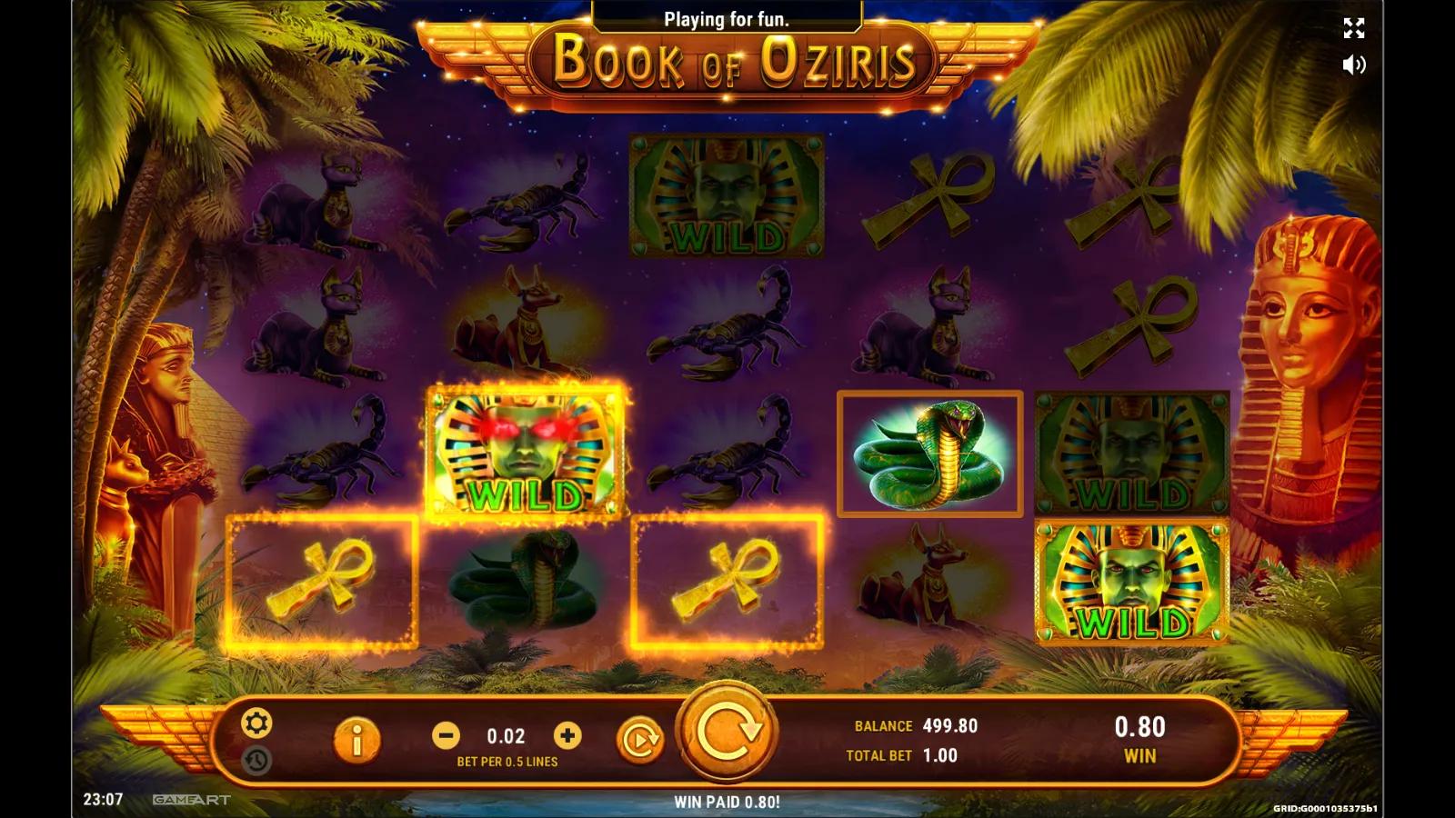 Book of Oziris slot gameplay showing the 5x3 reels with pharaoh, Anubis, scarab and ankh symbols and a glowing book scatter