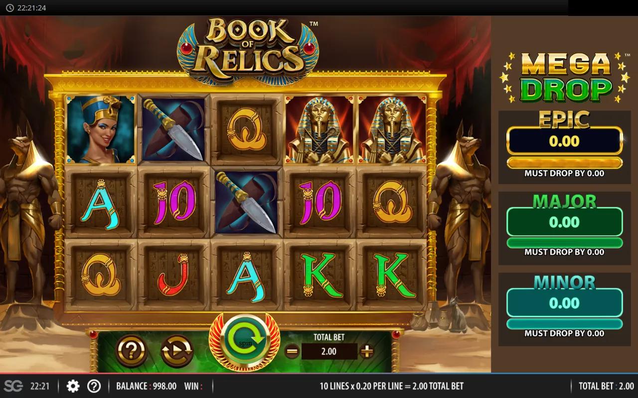 Book of Relics gameplay: 5x3 Egyptian tomb grid with Sarcophagus and Ra symbols and the Mega Drop jackpot panel on the right.
