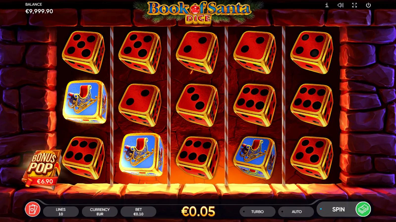 Book of Santa Dice slot gameplay showing the 5x3 reels of red dice and festive sleigh dice by a glowing fireplace