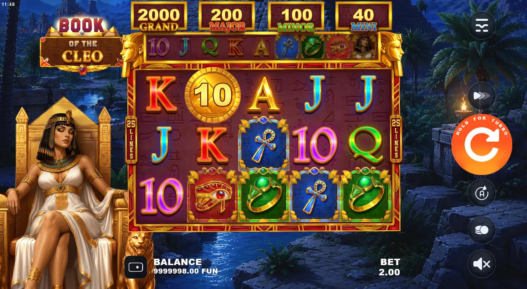 Book of the Cleo slot gameplay showing 5x3 Egyptian grid with jackpot panel and Ankh, scarab and Eye of Horus symbols