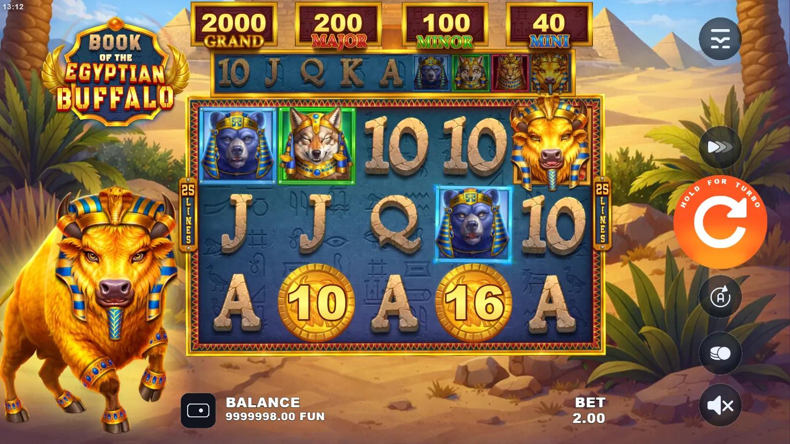 Book of the Egyptian Buffalo slot gameplay showing 5x3 grid with golden bonus coin values and Egyptian animal-god symbols
