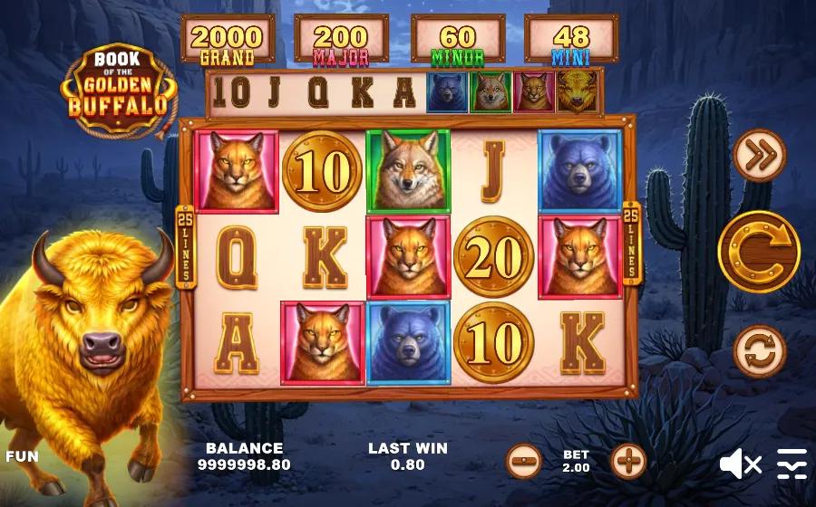 Book of the Golden Buffalo slot gameplay showing 5x3 grid with golden buffalo symbols and Hold & Ring bonus coins