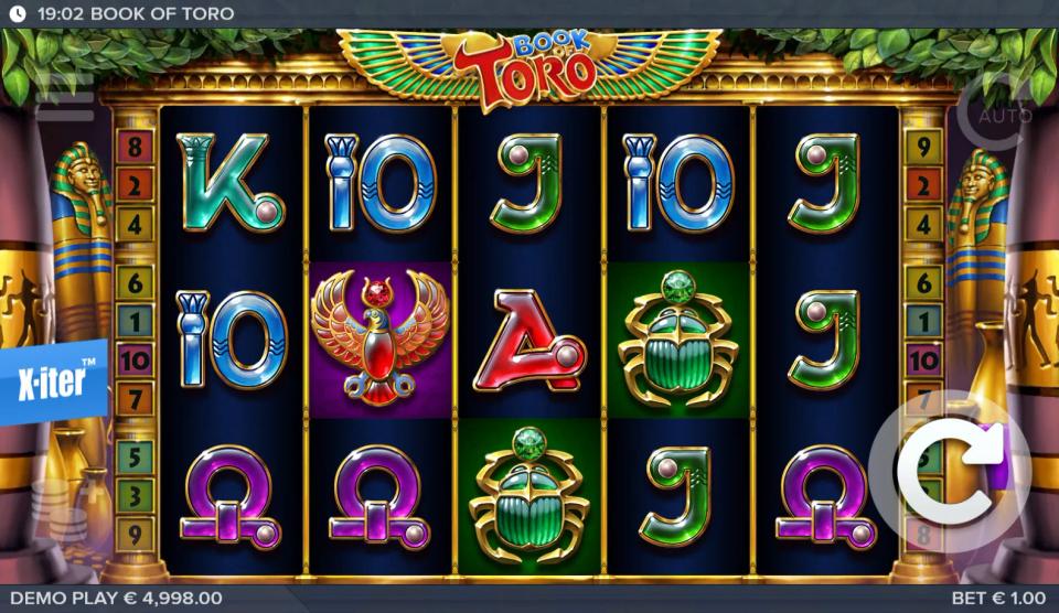 A Book of Toro base spin filled with card royals, two scarabs and one falcon, and no win anywhere on the board