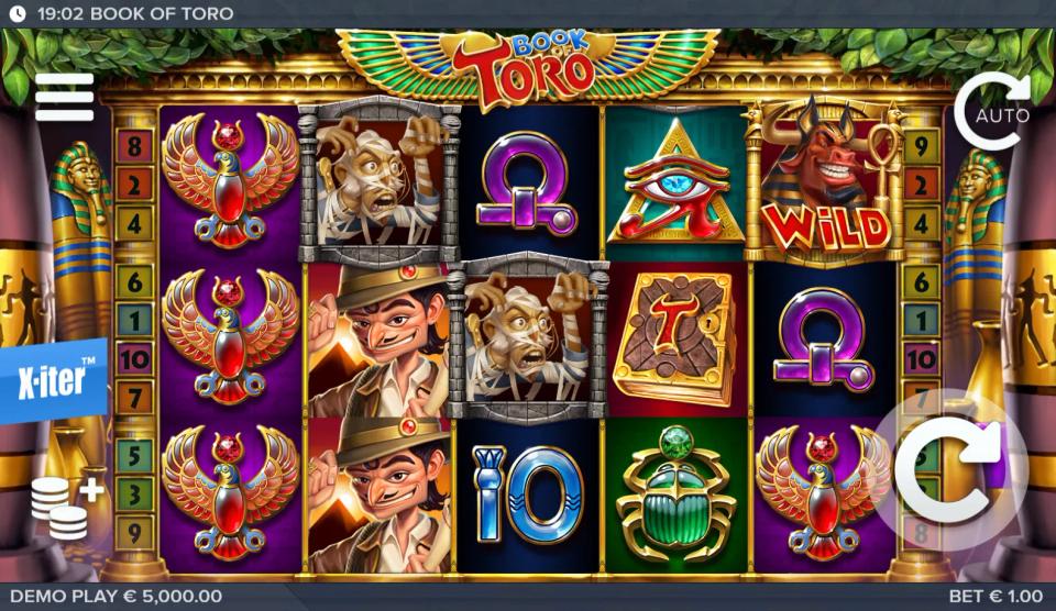 Toro landing as a WILD on reel five with two mummies elsewhere on the grid and a book symbol on reel four