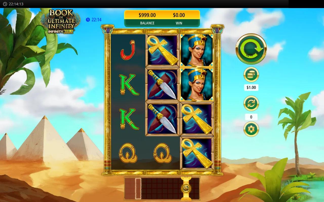 Book of Ultimate Infinity gameplay: 3x4 Egyptian-themed grid with WILD, Pharaoh, Ra falcon and ceremonial dagger symbols.
