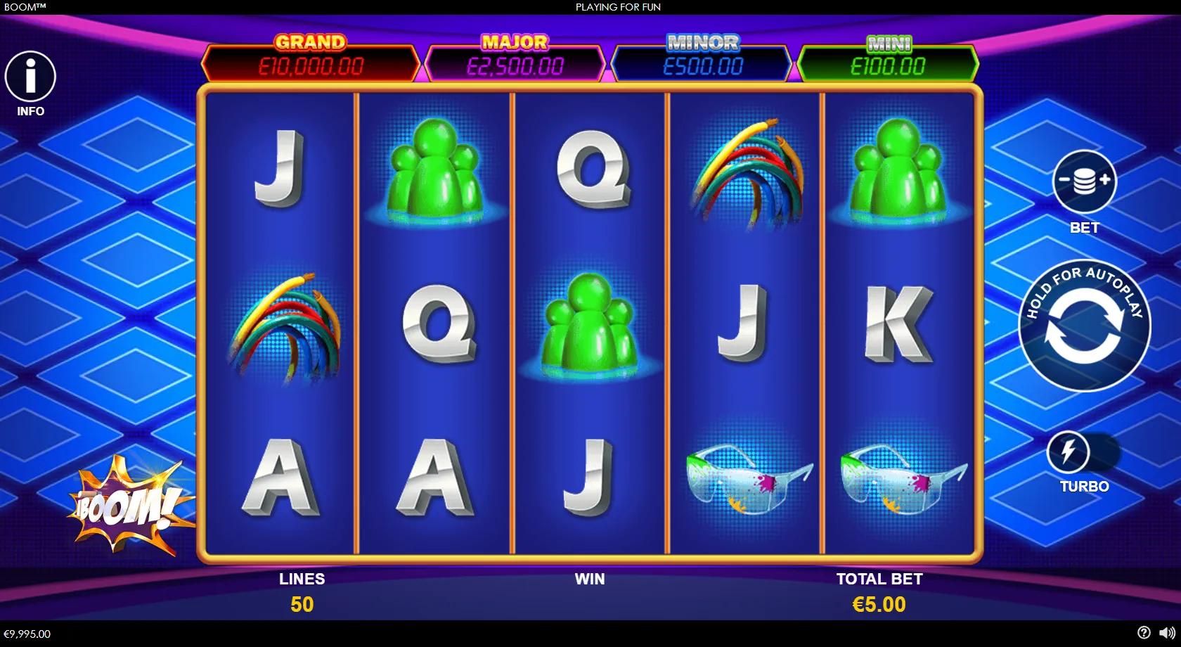 Boom! gameplay showing 5x3 neon reels with cash bombs, a WILD starburst and royal symbols and four jackpots