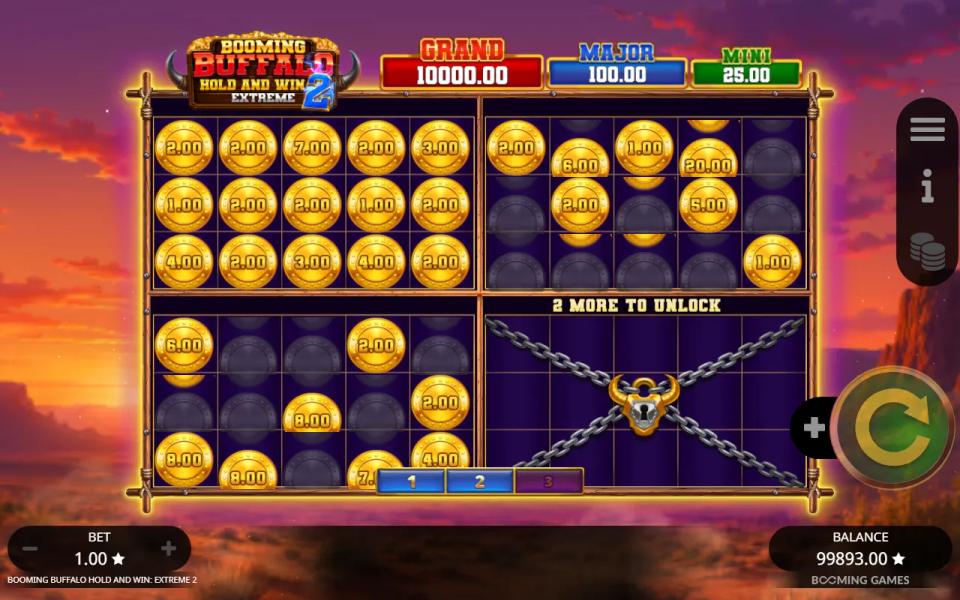 Hold and Win round on four grids: the first grid full of coins, the second and third partly filled, and the fourth still chained with 2 more to unlock