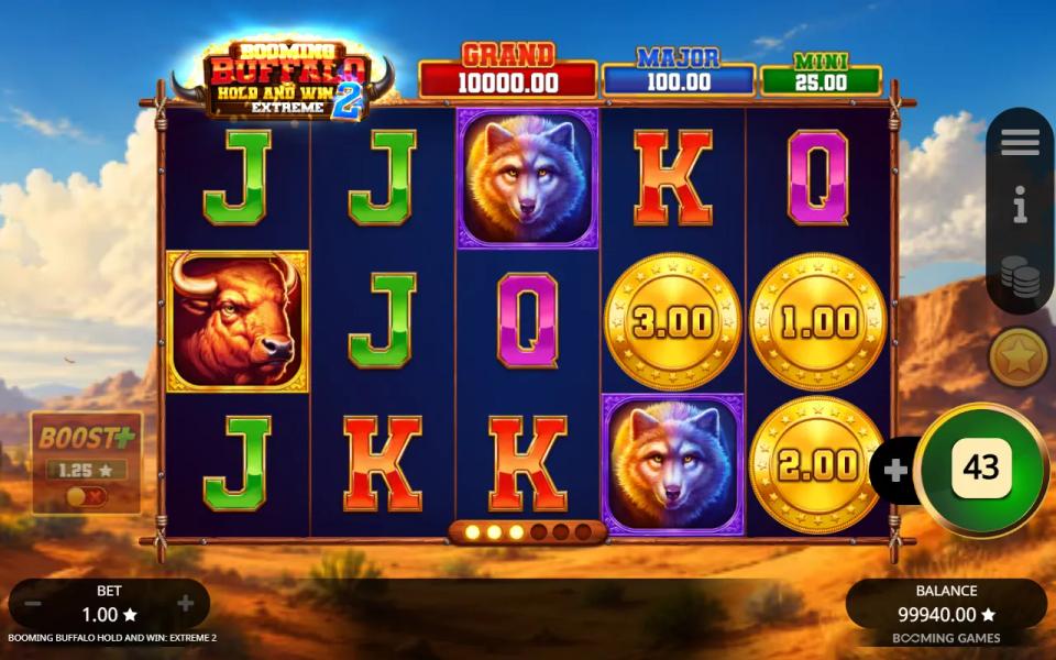 Base game board with three coins worth 3, 1 and 2 on the last two reels and the logo lit up as the Buffalo Bonus wheel triggers