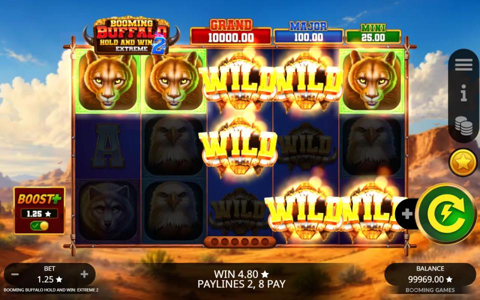 Boost+ switched on at a 1.25 bet with wilds stacked beside cougars paying two lines