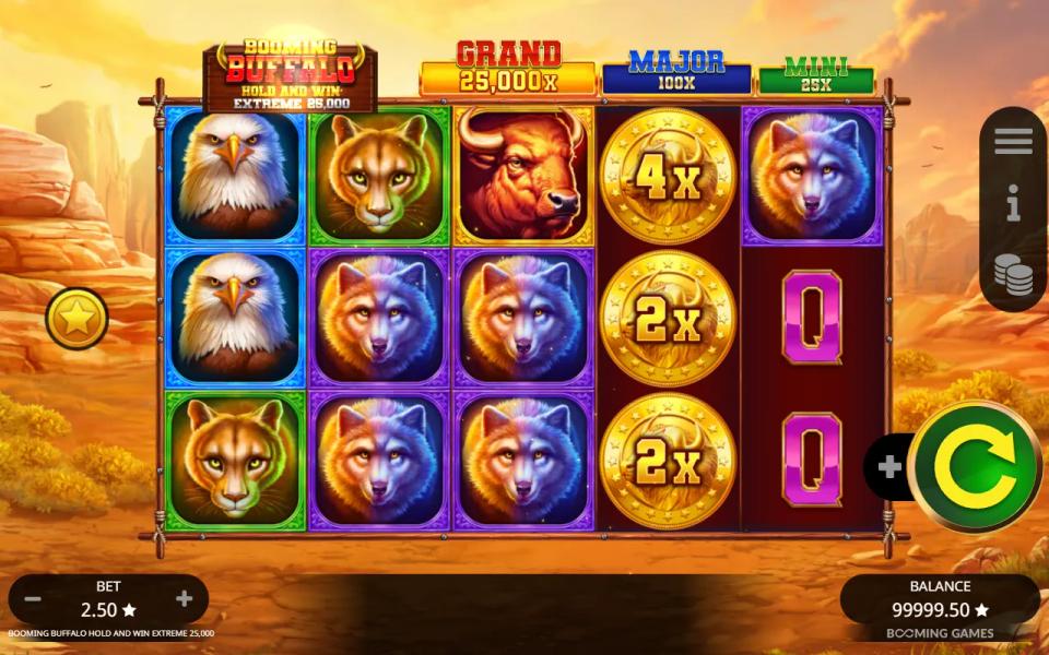 Booming Buffalo Hold and Win Extreme 25,000 base game, a 5x3 grid with three gold coin symbols stacked on reel four beside buffalo, eagle and wolf symbols