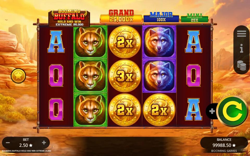 Four gold coin symbols on the reels of Booming Buffalo Hold and Win Extreme 25,000, two short of the six that trigger Hold and Win Extreme