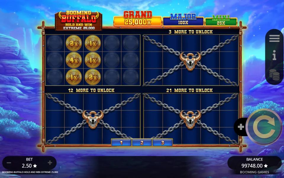 Hold and Win Extreme opening with six coins held on the first 3x5 grid and three chained grids showing unlock counters