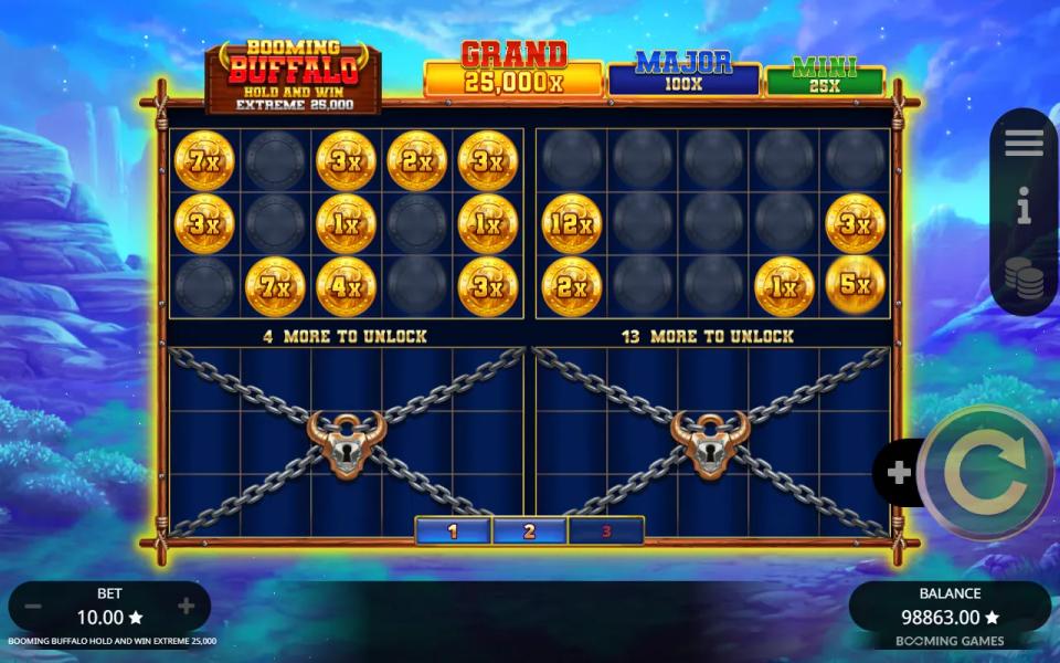 A bought Hold and Win Extreme round late in its respins with coins on two unlocked grids and two grids still chained