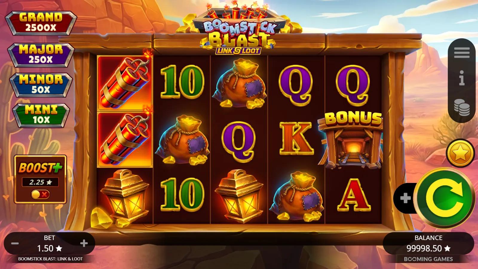 Boomstick Blast: Link & Loot slot gameplay showing 5x3 grid with dynamite, money bags and Bonus scatter