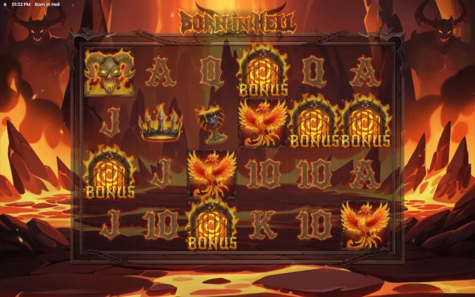 Five flaming gate Bonus symbols across reels 1, 3, 4, 5 and 6 triggering Welcome to Hell