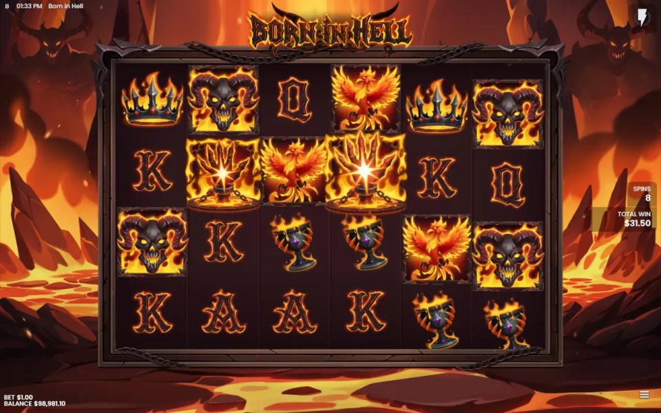 A Welcome to Hell free spin with two Wild Reel symbols left as burning hands on reels 2 and 4 and no win