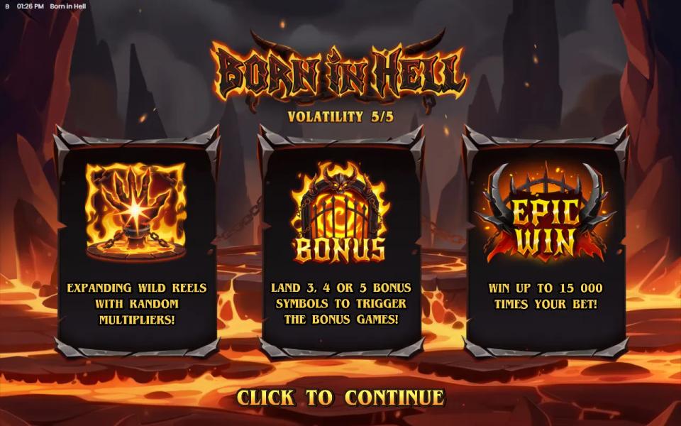 Born in Hell splash screen with a 5 of 5 volatility meter, expanding Wild Reels and a 15,000x max win promise