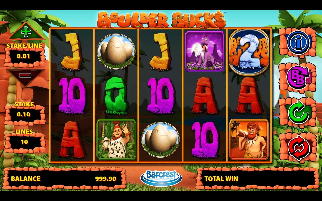 Boulder Bucks gameplay: 5x3 grid with prehistoric Caveman, Cavewoman, dinosaur and royal symbols on 10 fixed paylines.