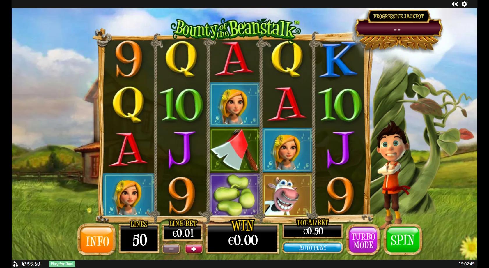 Bounty of the Beanstalk gameplay showing a 5x4 fairytale reel set with Jill, a cow, an axe and a stacked beanstalk wild