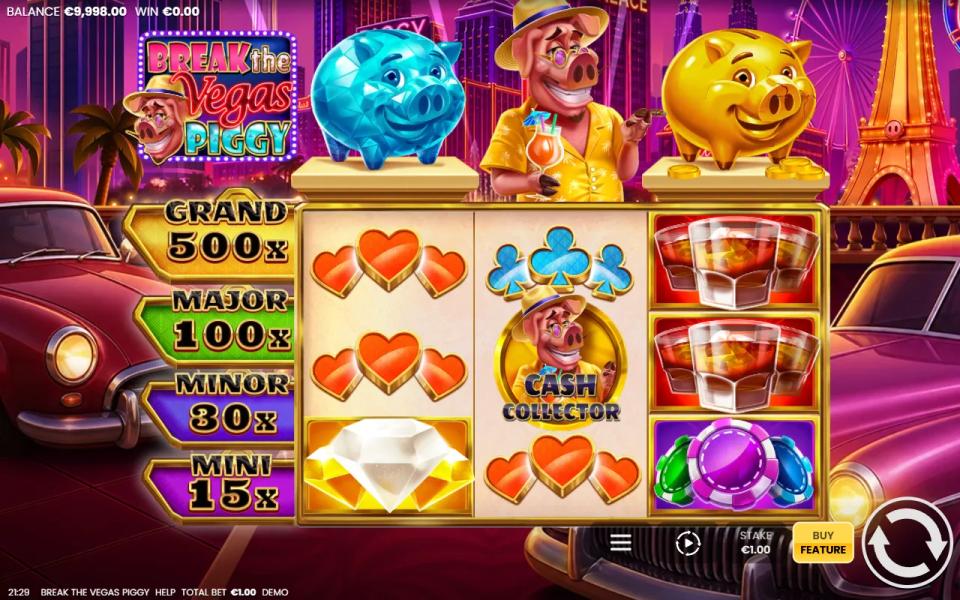 Break the Vegas Piggy 3x3 grid with the Cash Collector piggy alone on the middle reel and no golden coins beside it