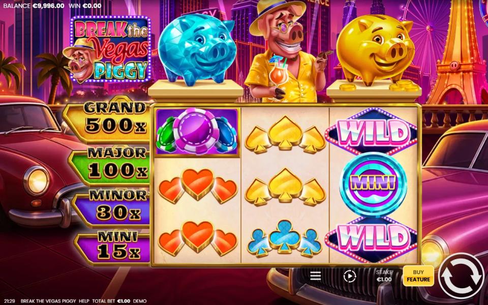 Break the Vegas Piggy 3x3 grid with two wild symbols and a Mini jackpot coin that pays nothing without a jackpot piggy