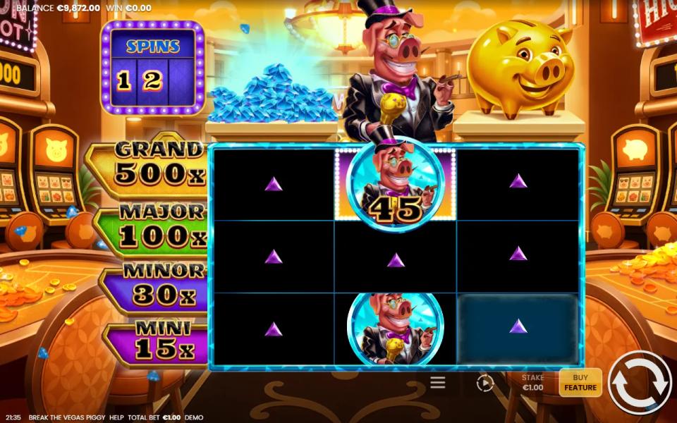 Break the Vegas Piggy Jackpot Hold and Win grid with one locked jackpot piggy and seven empty cells
