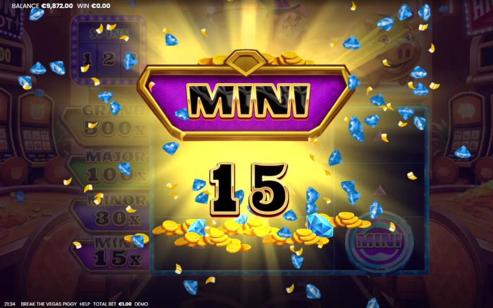 Break the Vegas Piggy Mini jackpot award card showing fifteen times the stake