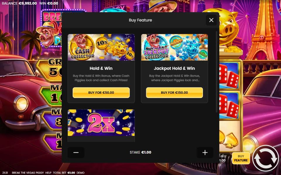 Break the Vegas Piggy buy feature panel offering Hold and Win at 50 euro, Jackpot Hold and Win at 150 euro and a bonus chance boost