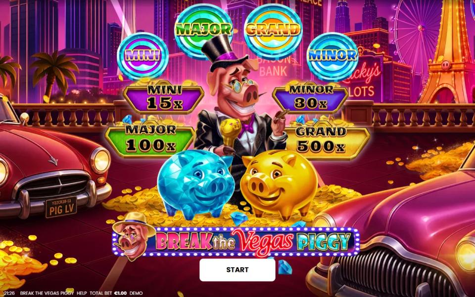 Break the Vegas Piggy splash screen with Mini, Minor, Major and Grand jackpot plaques from 15x to 500x and two piggy banks