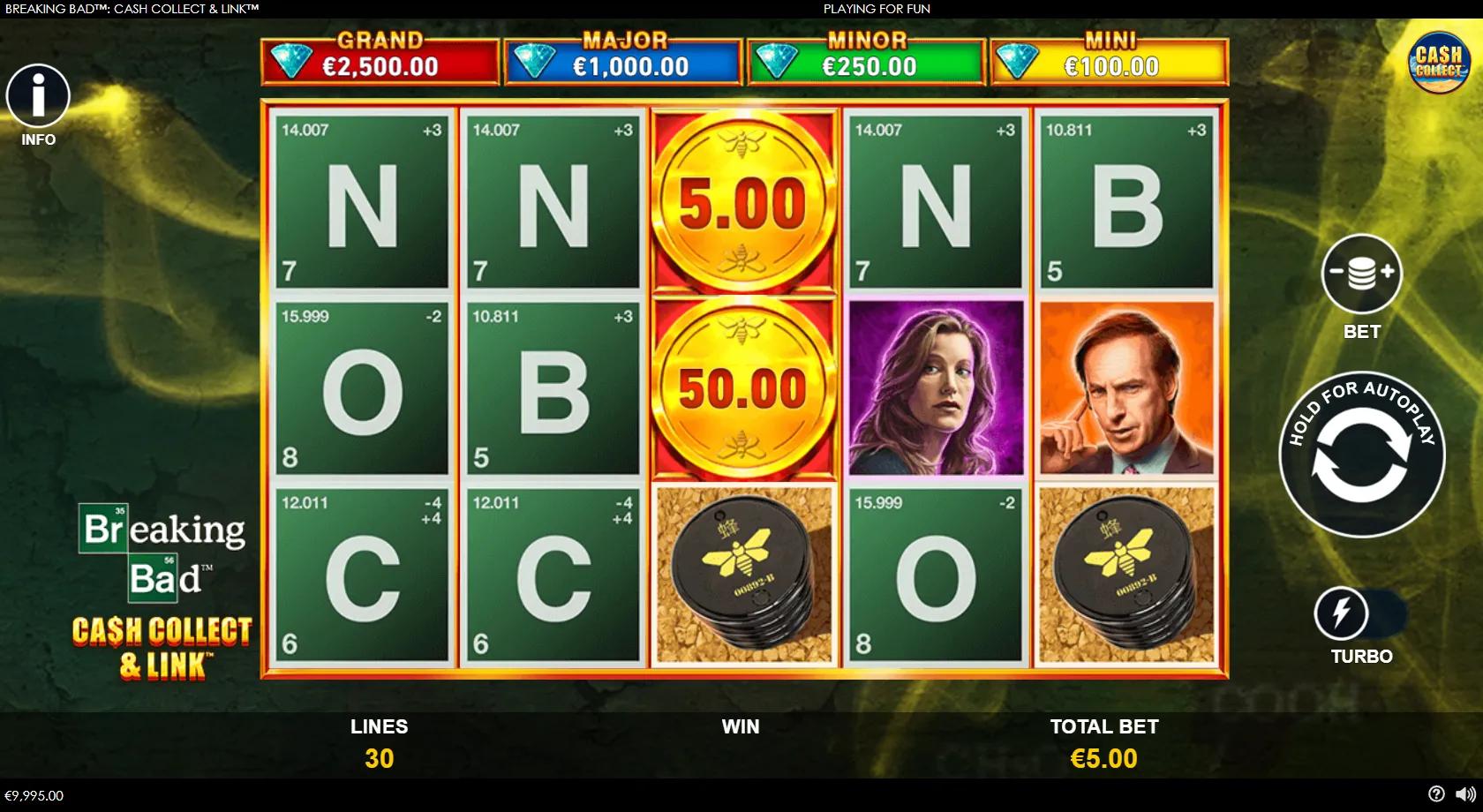 Breaking Bad: Cash Collect & Link slot gameplay showing 5x3 grid with stacked cash coins on reel 3