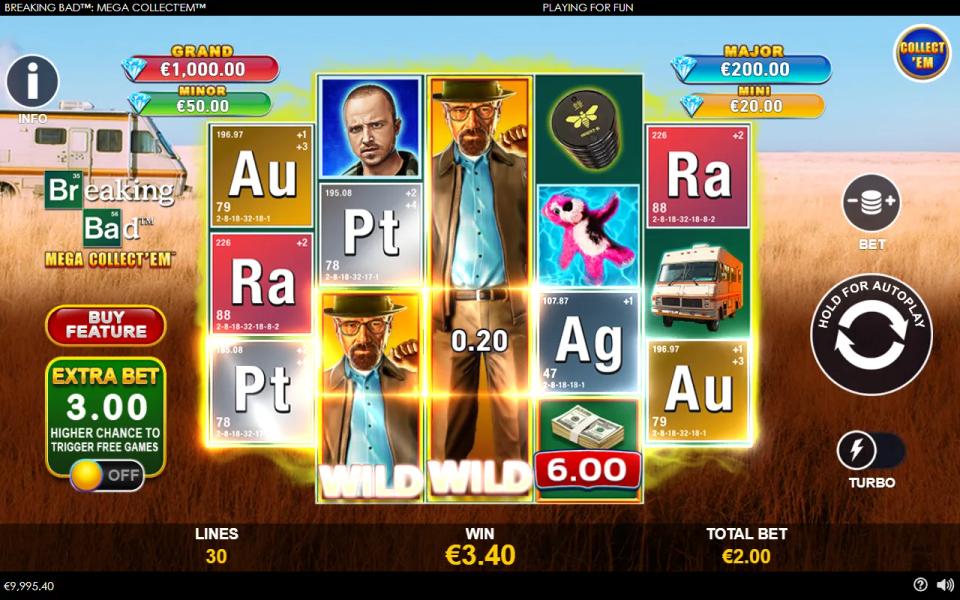 Breaking Bad Mega Collect'em reels with a full stack of Walter White wild symbols beside cash and free games coins on the 3-4-4-4-3 grid