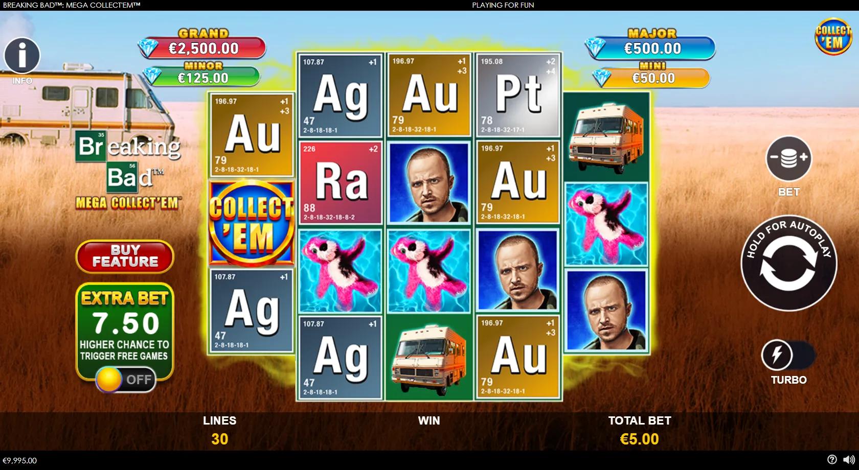 Breaking Bad Mega Collect'em slot gameplay showing 3-4-4-4-3 grid with element tiles, Wild and Collect'em symbols