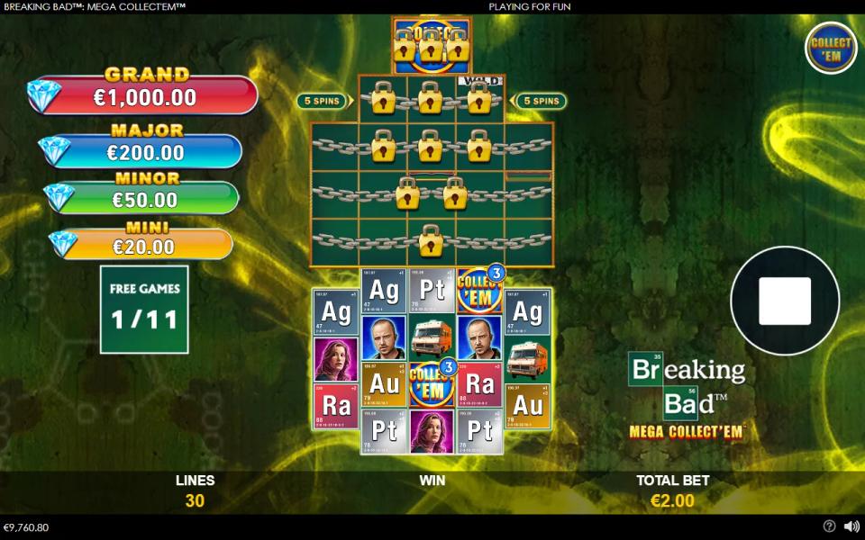 The upper bonus grid of Breaking Bad Mega Collect'em wrapped in chains and padlocks at the start of the free games