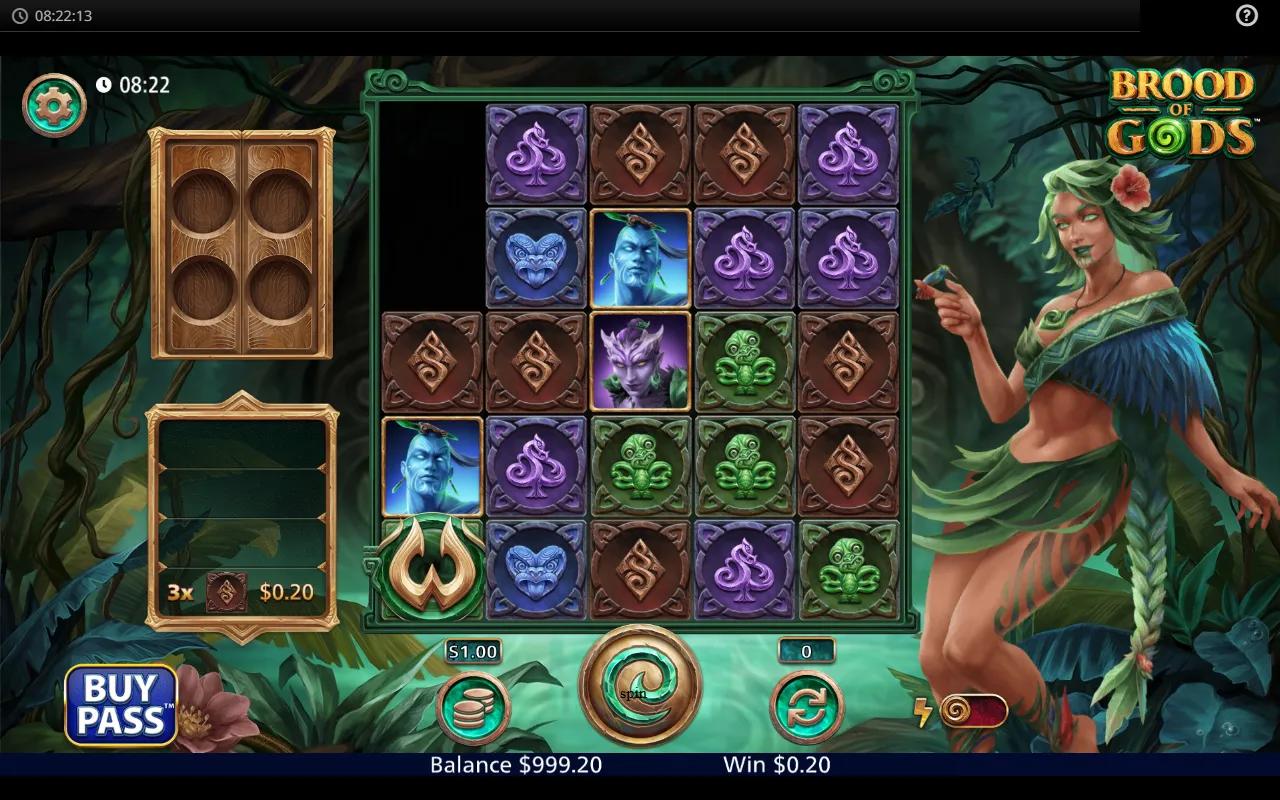 Brood of Gods slot by Light & Wonder, 5x5 reels with Maori carvings and forest goddess