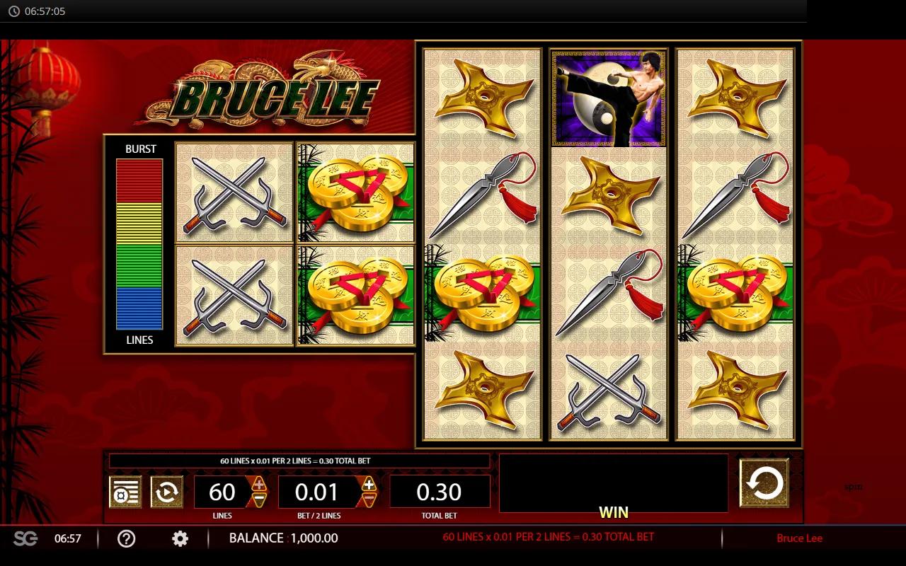 Bruce Lee slot by Light & Wonder showing 7-reel Money Burst layout with split reels and martial arts symbols