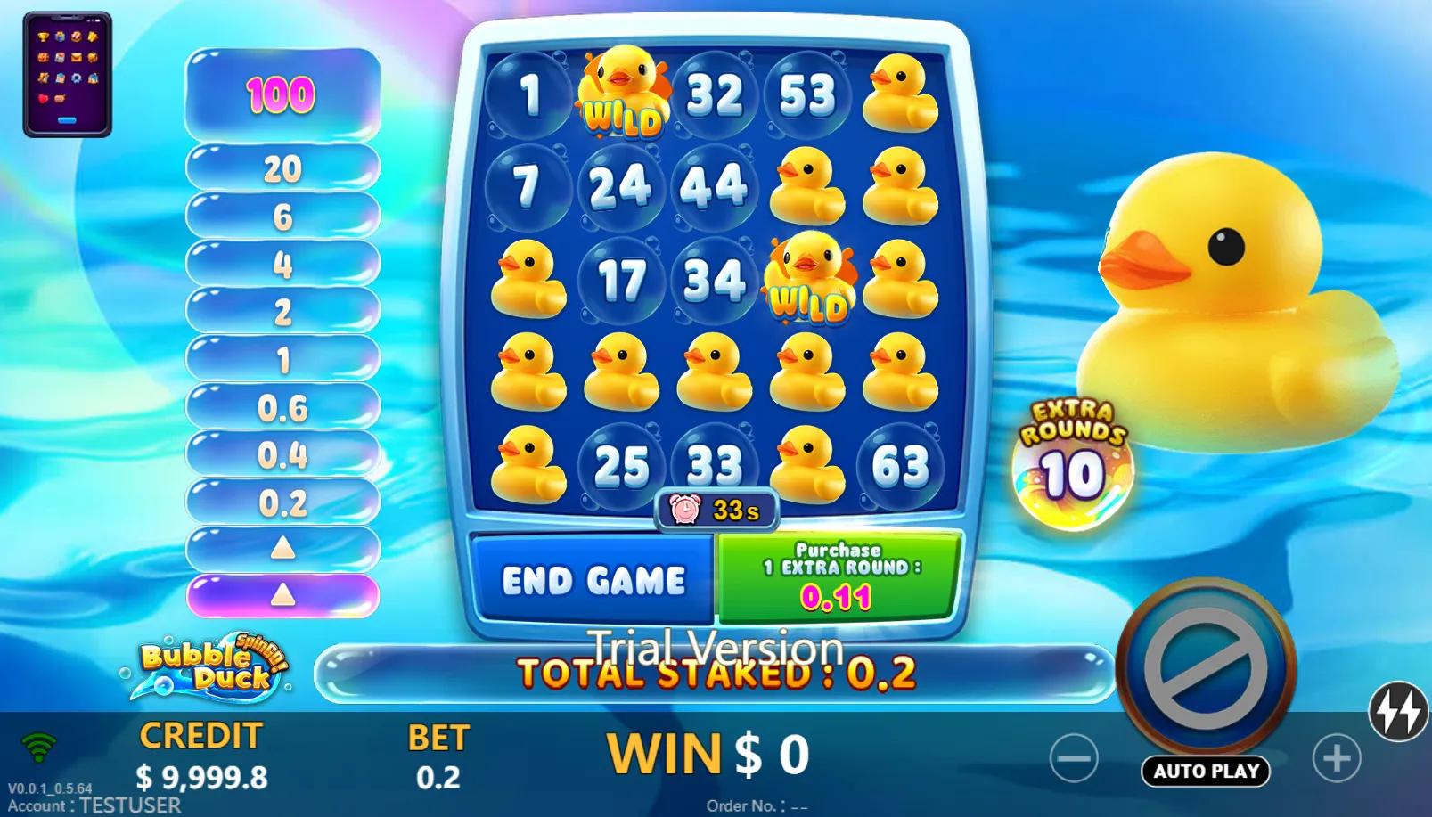 Bubble Duck SpinGO gameplay showing 5x5 bingo board with drawn numbers, rubber duck marks and 2 WILD positions