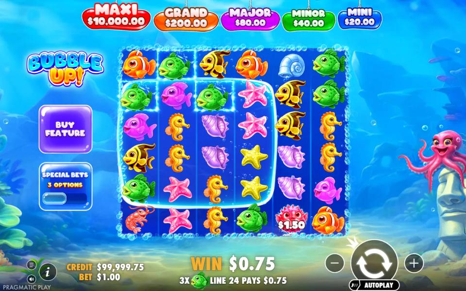Bubble Up! 6x6 underwater board with a 4x4 frame over the first four reels, a line win on green fish and a money pufferfish sitting outside the frame