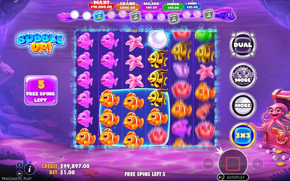 Bubble Up! free spins opening on a 3x3 frame, with the scatter trail and level marks above the reels and the modifier panel on the right