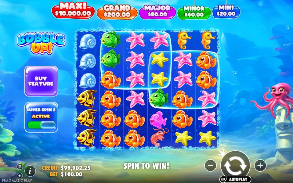 Bubble Up! Super Spin 2 active, two frames overlapping in the middle of the board with no money pufferfish anywhere