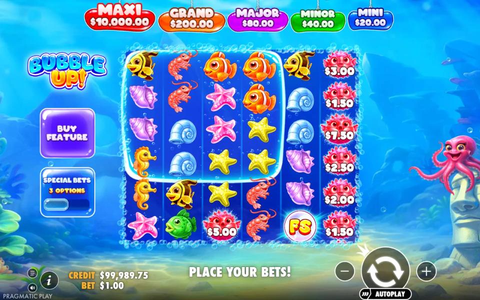 Bubble Up! base game spin with a 4x4 frame in the top left corner and money pufferfish landing on reels 3 and 6 outside it