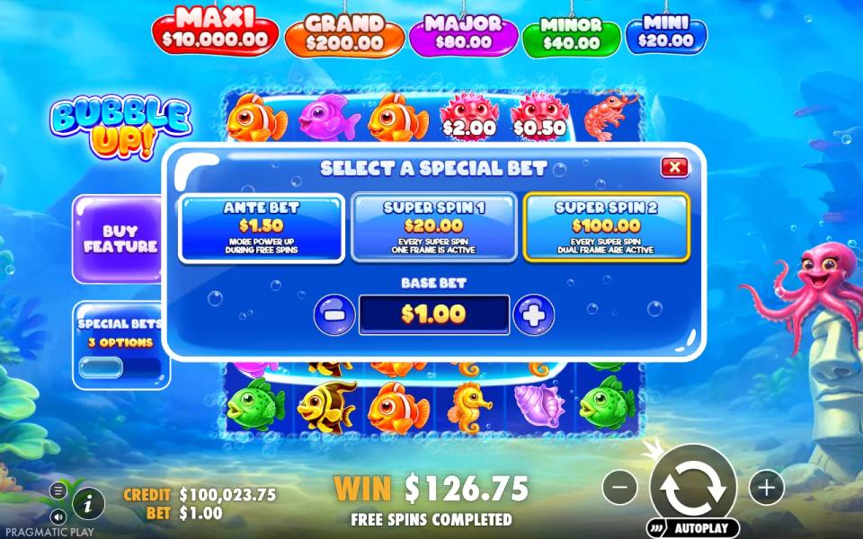Bubble Up! special bets menu listing Ante Bet at 1.5x, Super Spin 1 at 20x and Super Spin 2 at 100x the base bet
