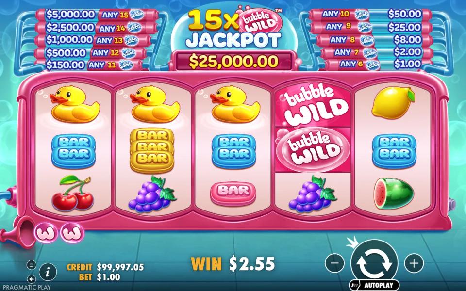 Bubble Wild slot 5x3 reels in a pink bathtub, three rubber ducks on reels 1 to 3 completed by two pink Bubble Wilds on reel 4, win 5.00