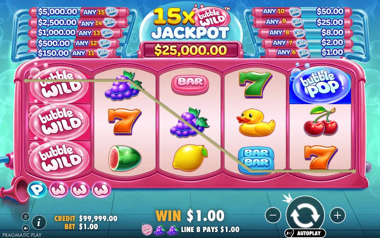 Bubble Wild slot 5x3 reels with three pink Bubble Wild symbols stacked on reel one and a $1.00 line 8 win