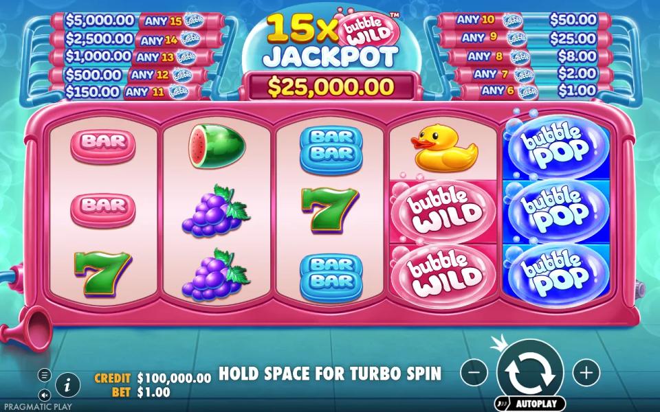 Bubble Wild opening screen with the pipe-shaped bubble payout ladder above the reels, the 25,000 jackpot plaque and a full reel of blue Bubble Pops